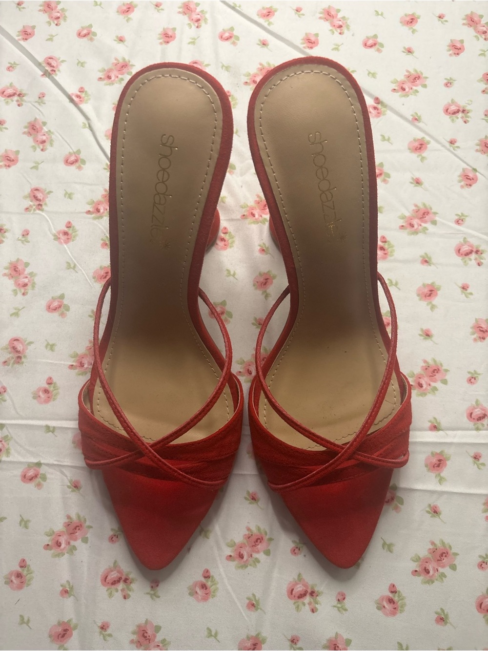 Shoe Dazzle Coral-Red Strappy Pointed-Toe Heels